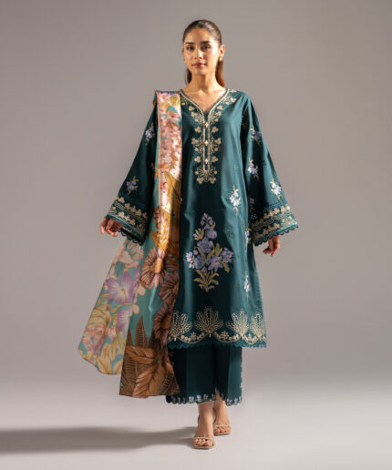 Dark Green Slub Lawn A-Line Suit - View 1