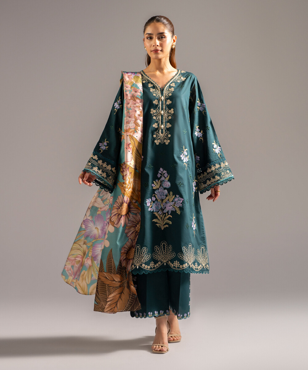Dark Green Slub Lawn A-Line Suit - View 1 Dark Green Slub Lawn A-Line Suit - View 1