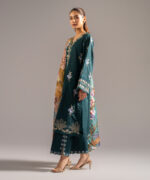 Dark Green Slub Lawn A-Line Suit - View 2