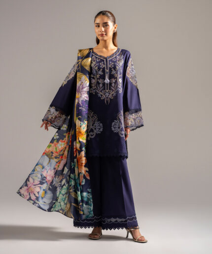 Dark Blue Slub Lawn Straight Suit - View 2