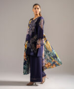 Dark Blue Slub Lawn Straight Suit - View 5