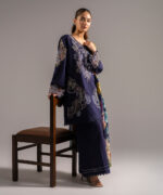 Dark Blue Slub Lawn Straight Suit - View 1