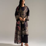 Black Slub Lawn Drop Shoulder Suit - View 1