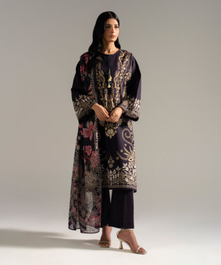 Black Slub Lawn Drop Shoulder Suit - View 1
