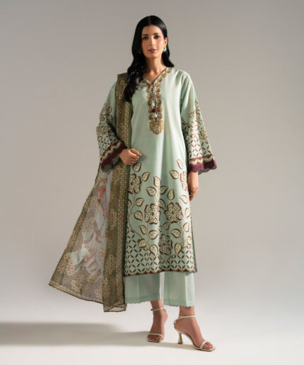 Green Slub Lawn A-Line Suit - View 2