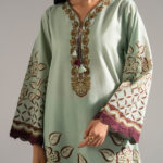 Green Slub Lawn A-Line Suit - View 1