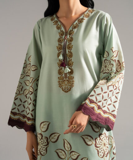 Green Slub Lawn A-Line Suit - View 1