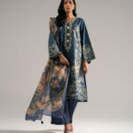 Blue Slub Lawn Straight Suit - View 1