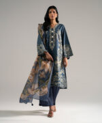 Blue Slub Lawn Straight Suit - View 1