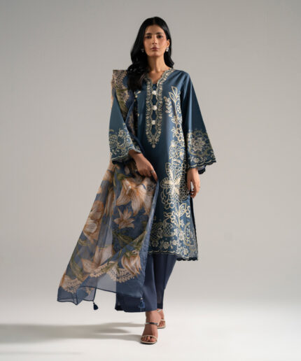 Blue Slub Lawn Straight Suit - View 1