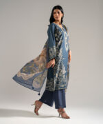 Blue Slub Lawn Straight Suit - View 3