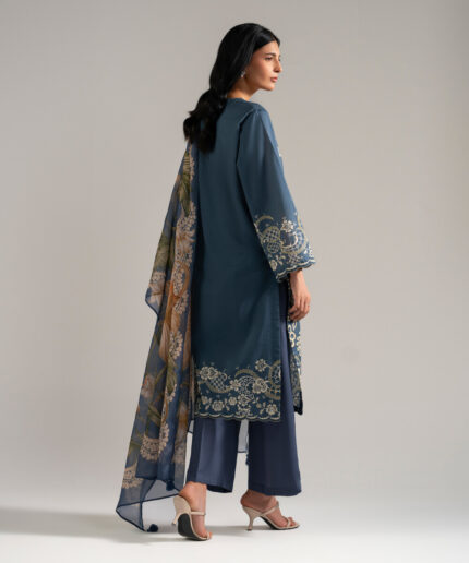 Blue Slub Lawn Straight Suit - View 2