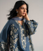 Blue Slub Lawn Straight Suit - View 4