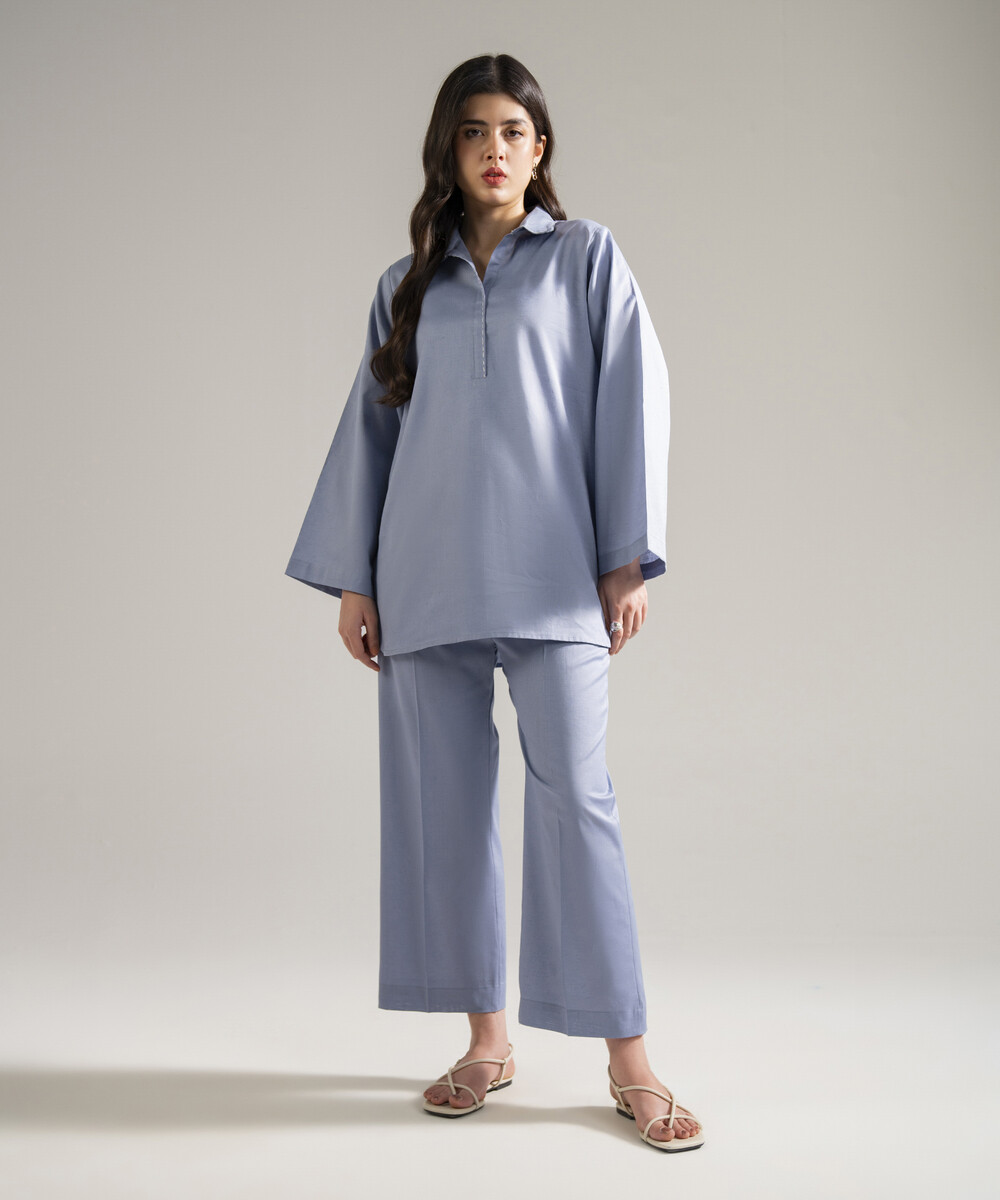 Dyed Steel Blue Cotton Linen Straight Suit - View 1 Dyed Steel Blue Cotton Linen Straight Suit - View 1