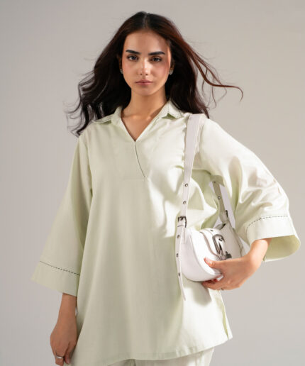 Dyed Mint Green Cotton Linen Straight Suit - View 1
