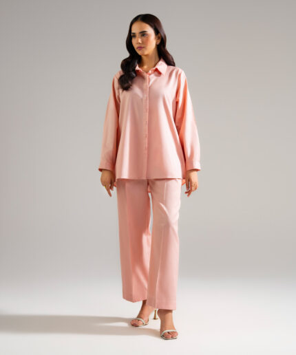 Piece Dyed Pink Cotton Linen Straight Suit - View 2