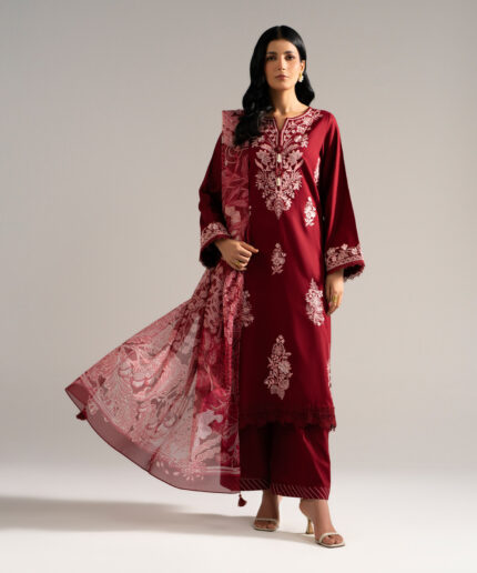 Maroon Dobby Crepe A-Line Suit - View 1