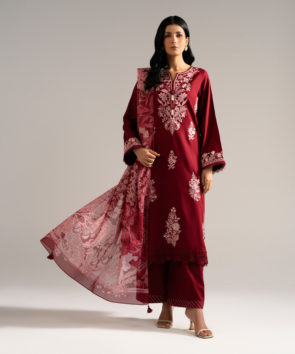 Maroon Dobby Crepe A-Line Suit - View 1 Maroon Dobby Crepe A-Line Suit - View 1