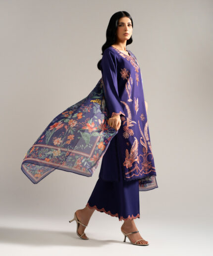 Blue Dobby Crepe Straight Suit - View 2