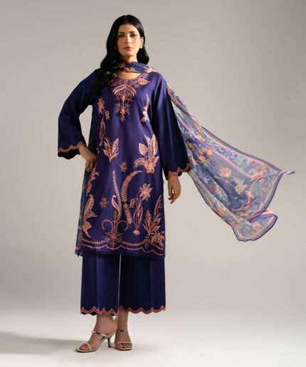 Blue Dobby Crepe Straight Suit - View 1