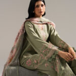 Green Dobby Crepe A-Line Suit - View 1