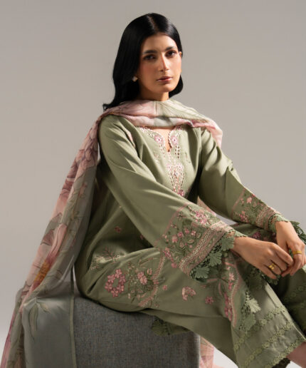 Green Dobby Crepe A-Line Suit - View 1