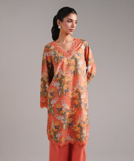 Coral Slub Lawn Straight Suit - View 2