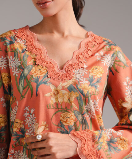 Coral Slub Lawn Straight Suit - View 1