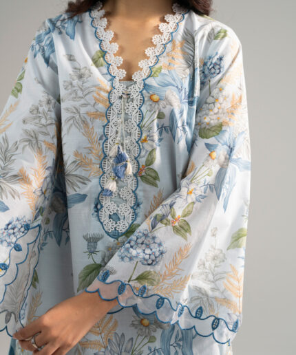 Light Blue Slub Lawn Straight Suit - View 2