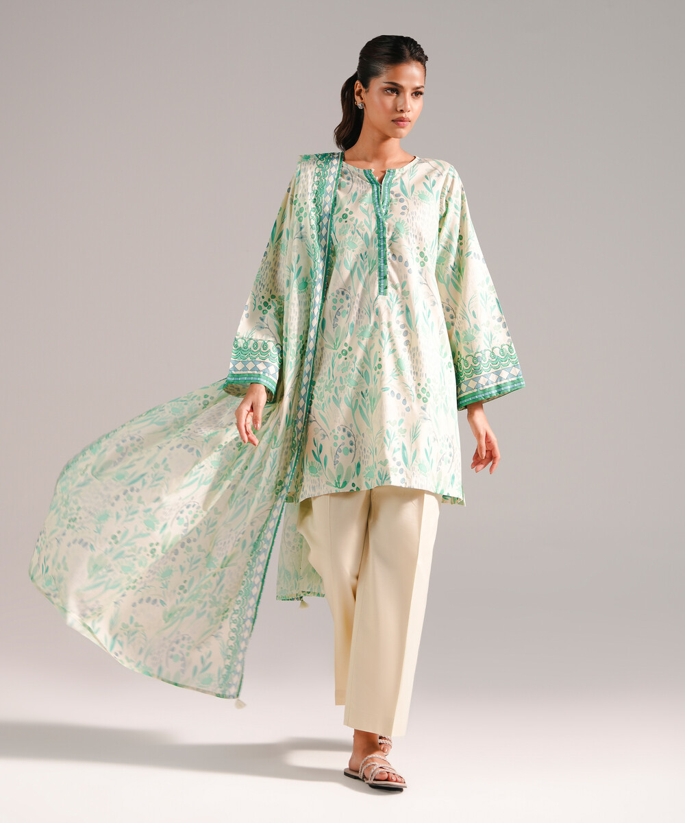 Cream Cotton Viscose Straight Shirt Suit - View 1 Cream Cotton Viscose Straight Shirt Suit - View 1
