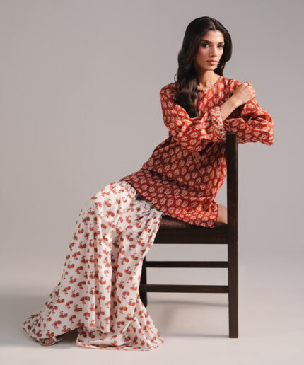 Rust Textured Cotton Straight Suit - View 2