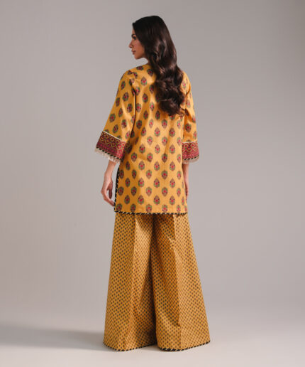 Mustard Textured Cotton Straight Suit - View 1