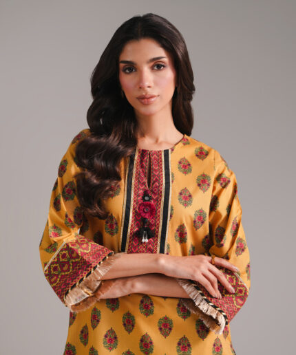 Mustard Textured Cotton Straight Suit - View 2