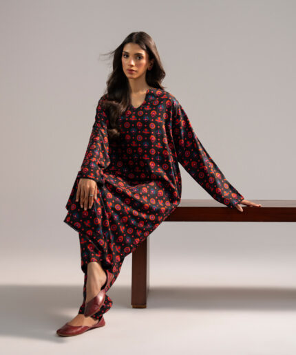 Black Arabic Lawn Straight Shirt Suit - View 2