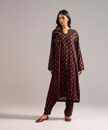 Black Arabic Lawn Straight Shirt Suit - View 1