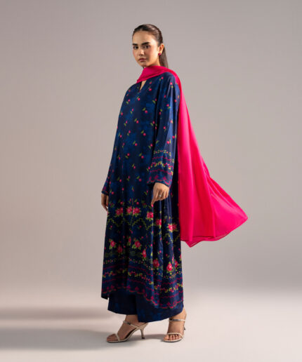 Dyed Dark Blue Arabic Lawn Straight Suit - View 1