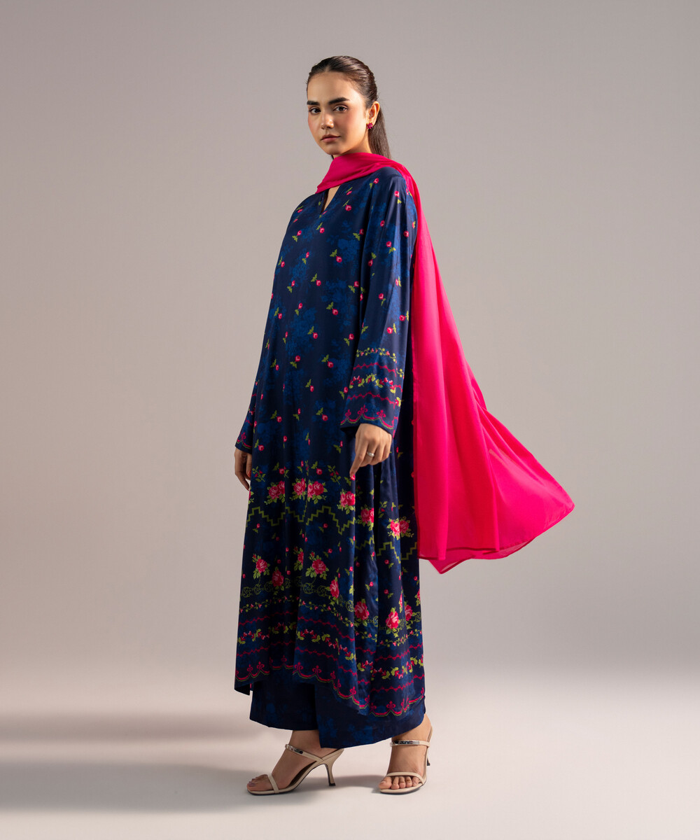 Dyed Dark Blue Arabic Lawn Straight Suit - View 1 Dyed Dark Blue Arabic Lawn Straight Suit - View 1