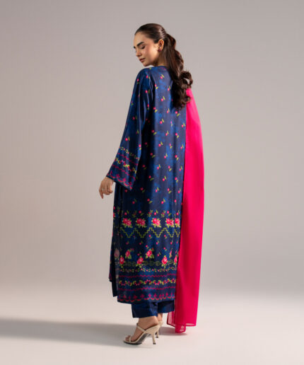 Dyed Dark Blue Arabic Lawn Straight Suit - View 2