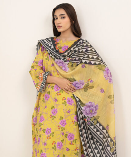 Lime Yellow Slub Lawn A-Line Suit - View 1