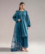 Teal Cotton Satin Straight Suit - View 4