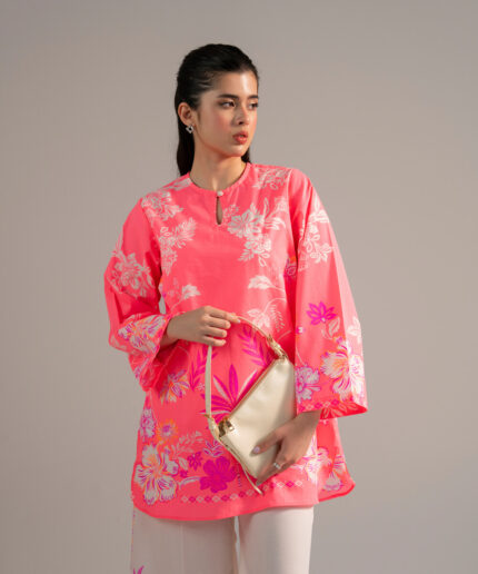 Neon Pink Dobby Straight Shirt Suit - View 1