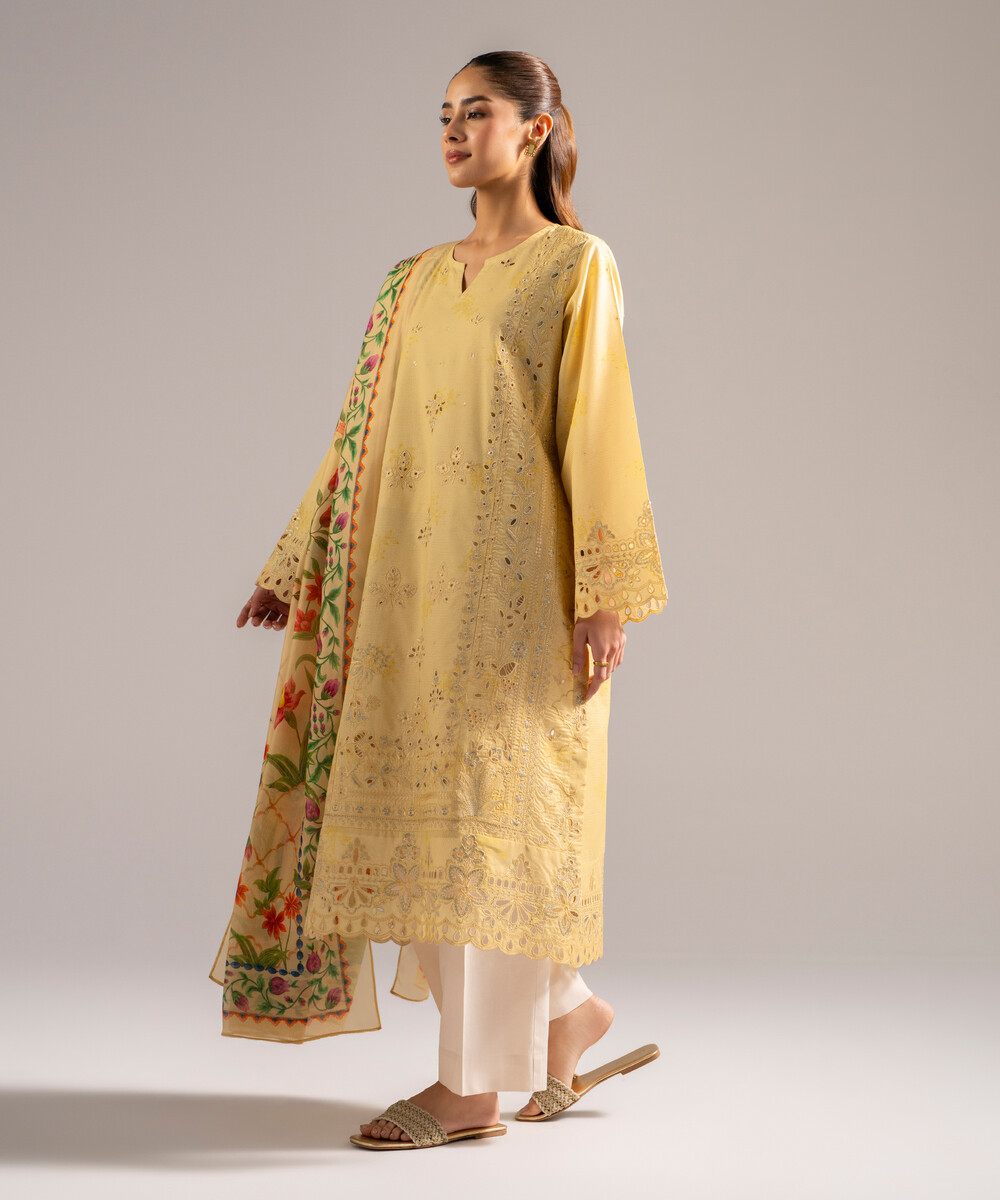 Yellow Zari Lawn A-Line Suit - View 1 Yellow Zari Lawn A-Line Suit - View 1