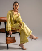 Lime Yellow Cotton Satin Straight Shirt Suit - View 1