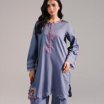 Steel Blue Cotton Satin Straight Shirt Suit - View 1