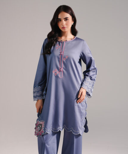 Steel Blue Cotton Satin Straight Shirt Suit - View 1