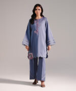 Steel Blue Cotton Satin Straight Shirt Suit - View 2