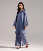 Steel Blue Cotton Satin Straight Shirt Suit - View 4