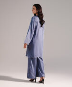 Steel Blue Cotton Satin Straight Shirt Suit - View 3