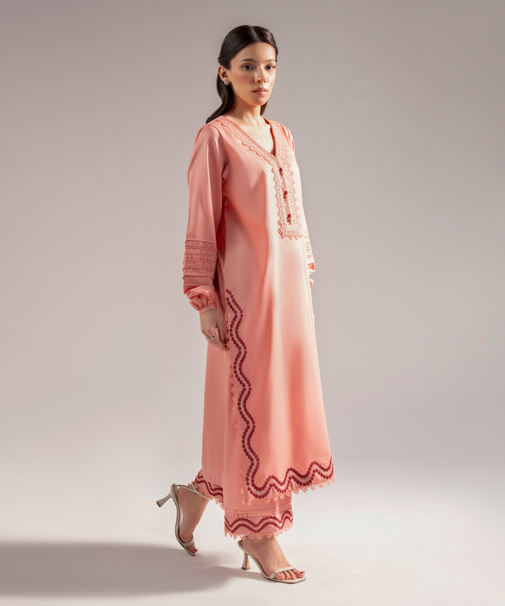 Peach Cotton Satin Straight Suit - View 1 Peach Cotton Satin Straight Suit - View 1
