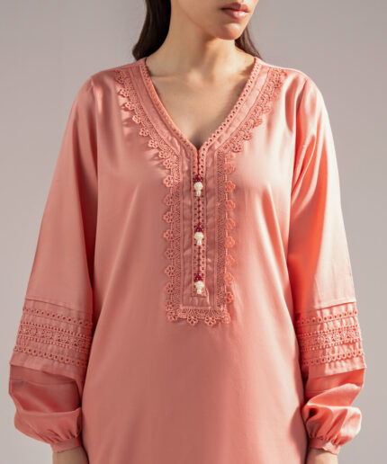 Peach Cotton Satin Straight Suit - View 2